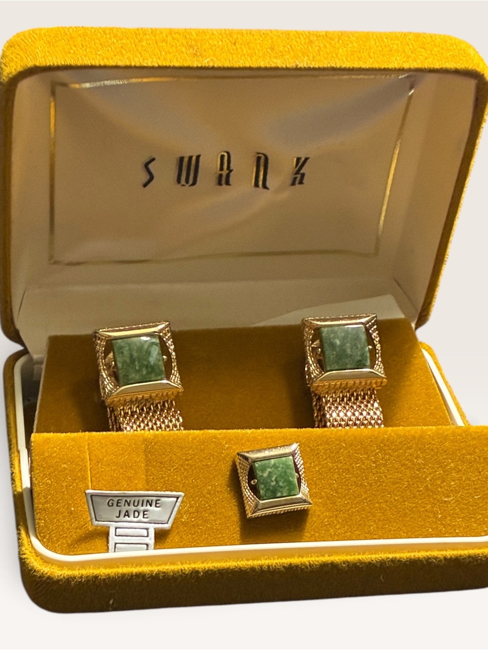 Vintage SWANK Gold Tone Cufflinks and Tie Clip with Green Jade